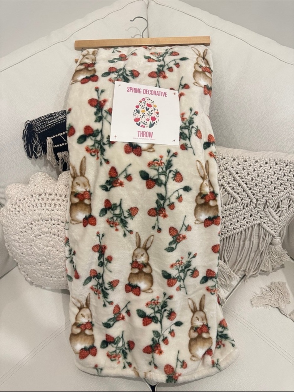 Bunny & Strawberry Plush Throw Blanket - Cream Base